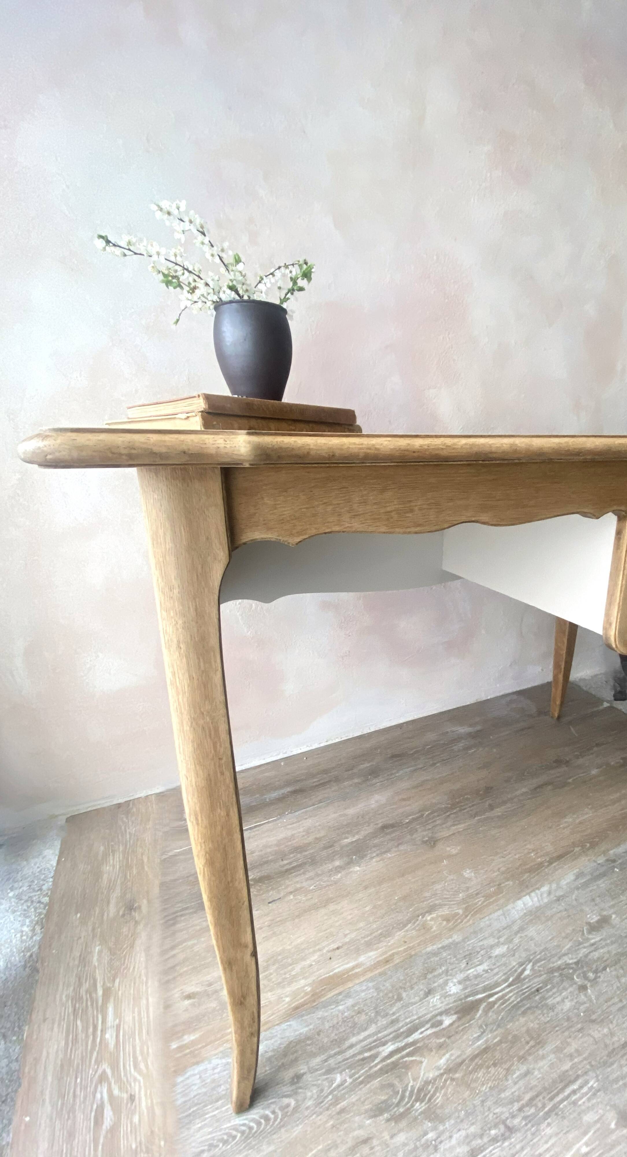 Antique 2-drawer desk in raw wood and beige, renovated.