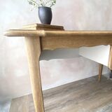 Antique 2-drawer desk in raw wood and beige, renovated.