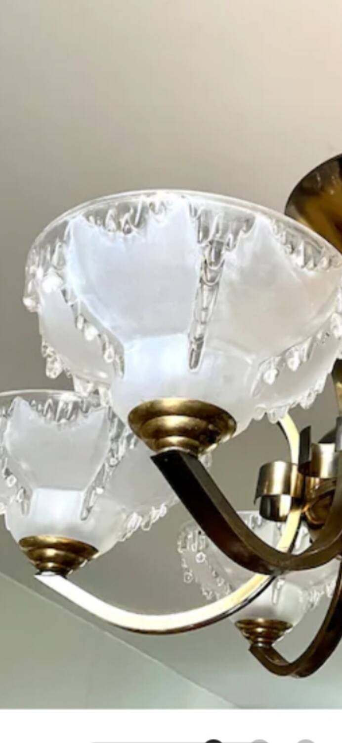 Antique Art Deco brass and glass chandelier