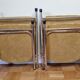 Pair of vintage folding chairs in gilded metal and 70s fabrics, restored