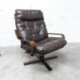 Fauteuil scandinave 1970 bois laminé courbé assise Cuir