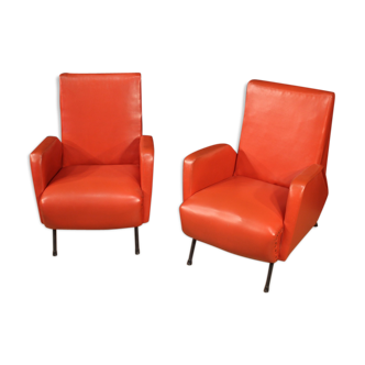 Pair of Italian design armchairs in red faux leather