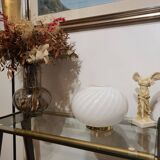 Murano Glass White Swirl Globe Table Lamp on Golden Base | MCM Midcentury Modern | Italian Minimalistic Design | Handcrafted Bedside Light