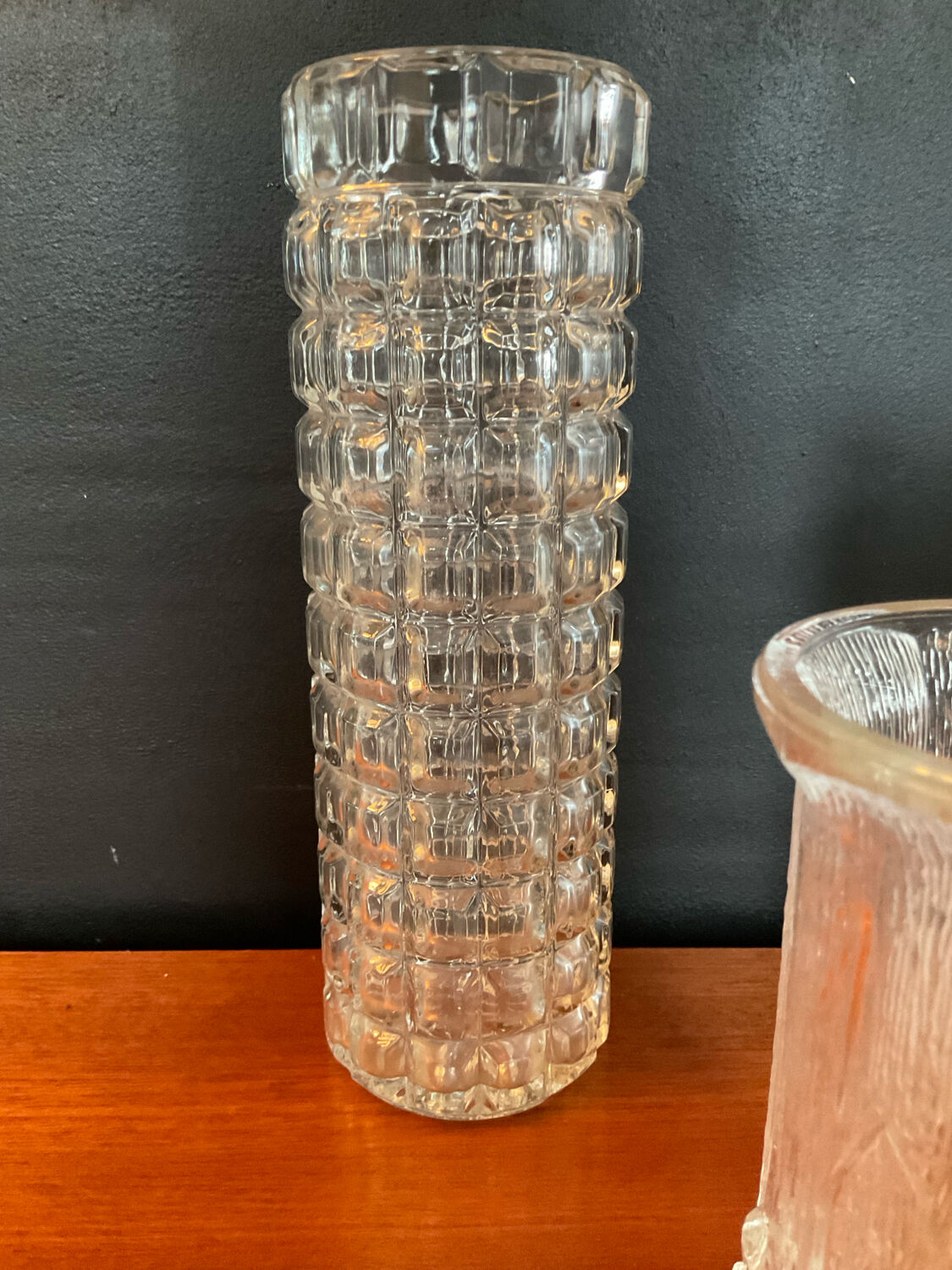 Vintage trio of moulded glass roll vases