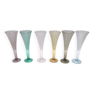 Vintage Set of Six Colored Hand Blown Murano Glass Flutes, Italy