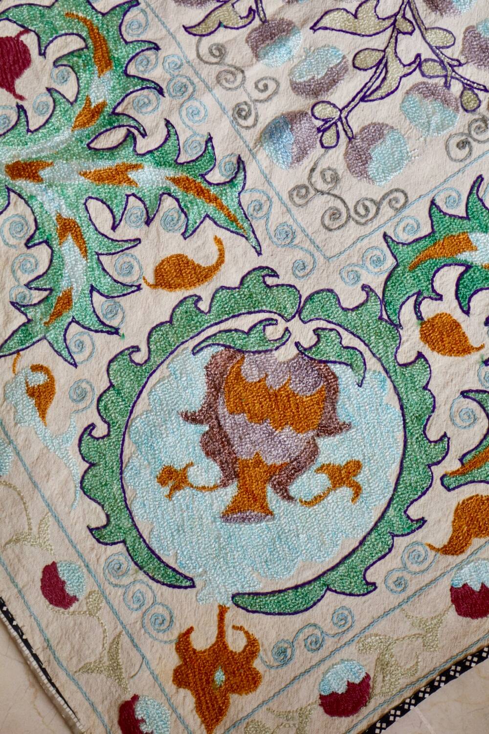 Antique hand embroidered silk suzani bedspread