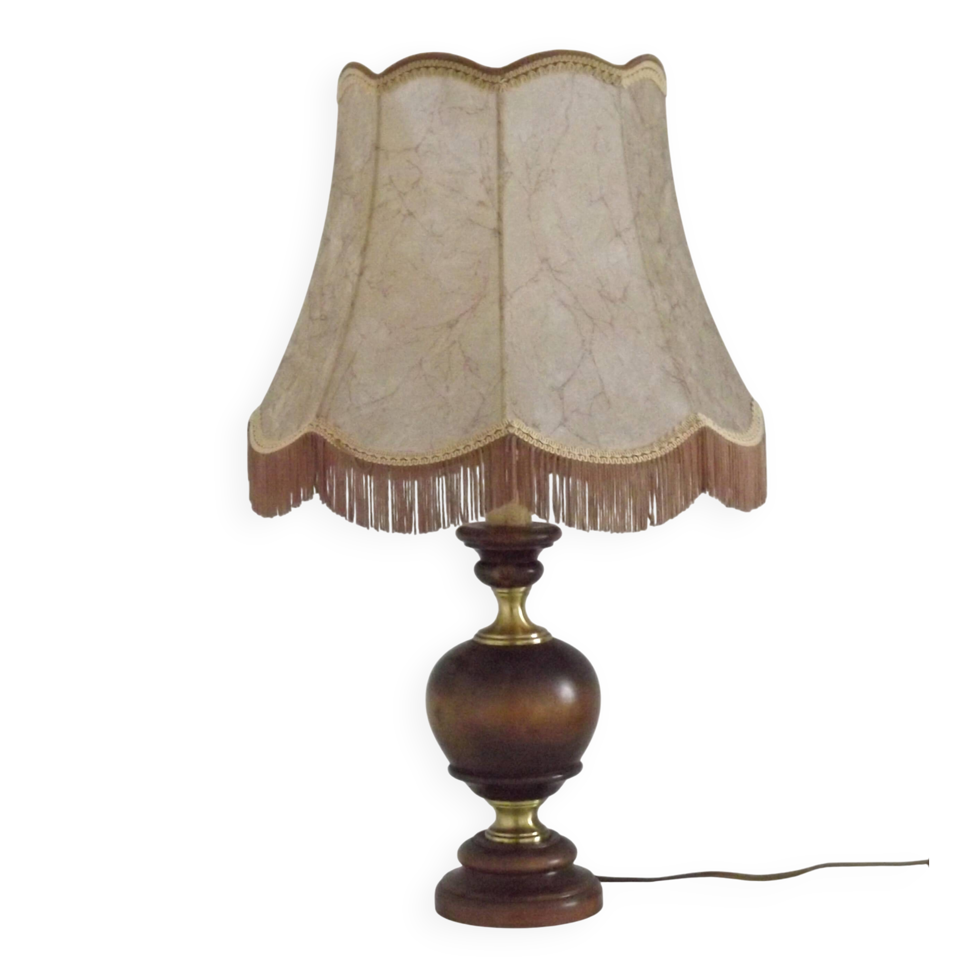 Vintage French Country Style Lamp Turned Wood Base & Hide Skin Shade