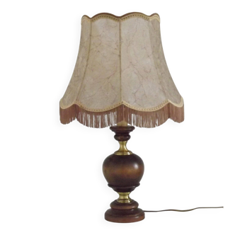 Vintage French Country Style Lamp Turned Wood Base & Hide Skin Shade