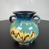 Vase boule à anse noir, marbré jaune bleu