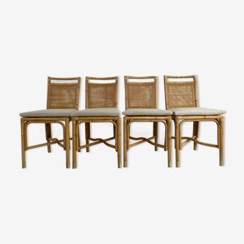 Suite of 4 chairs in rattan, cannage and brass