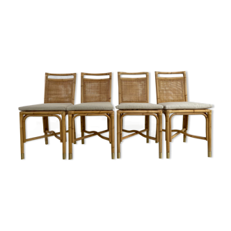 Suite of 4 chairs in rattan, cannage and brass