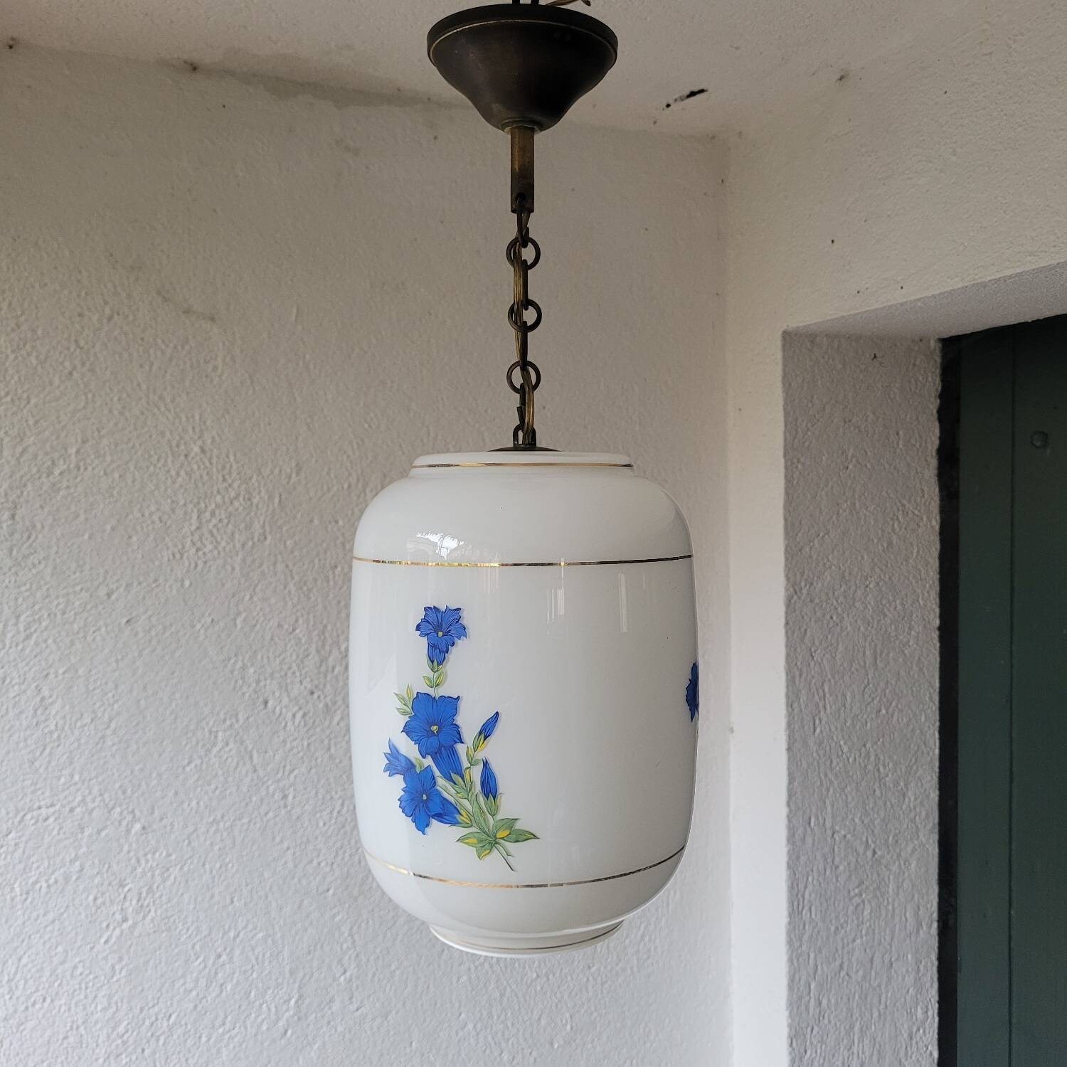 Opaline pendant light with blue decor – 1950/60