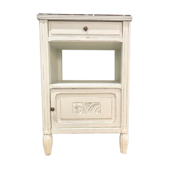 Chevet blanc effets bois veilli plateau marbre