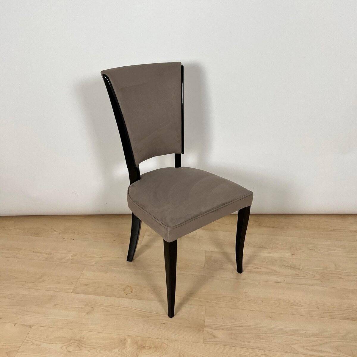 Art Deco Chairs in Black Lacquer & Grey Alcantara, France, 1930s, Set of 6