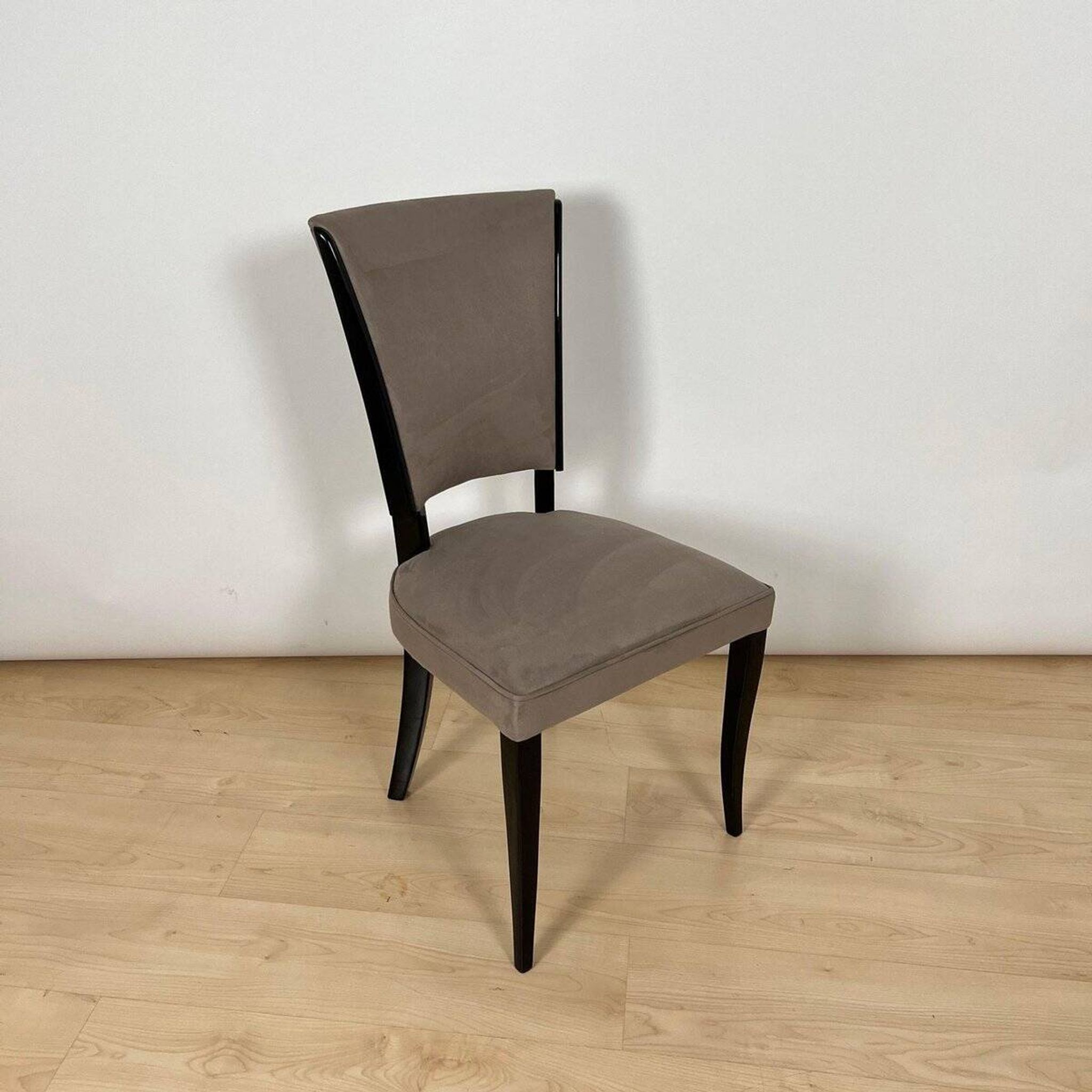 Art Deco Chairs in Black Lacquer & Grey Alcantara, France, 1930s, Set of 6