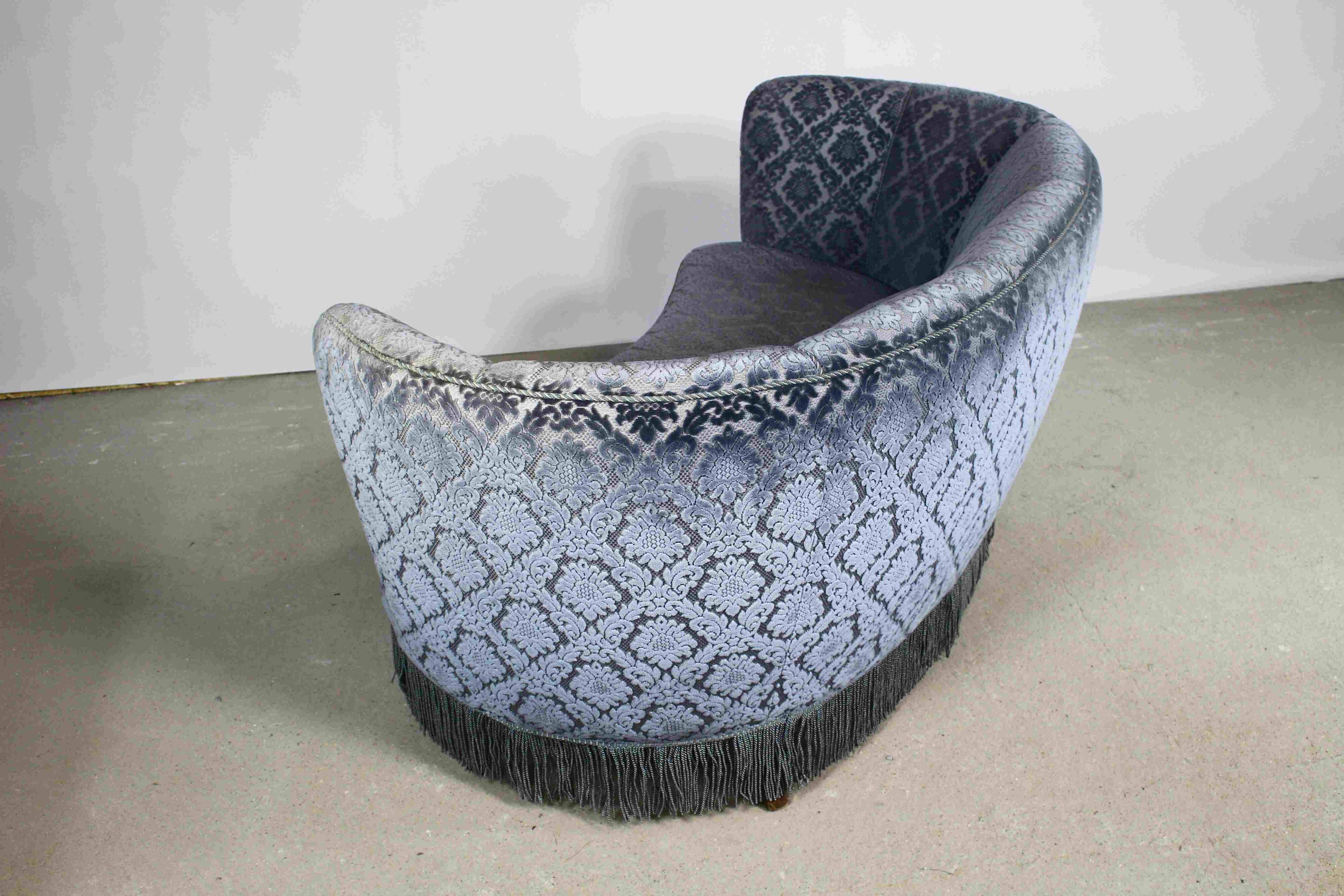 Art deco blue velvet banana sofa, denmark 1950s