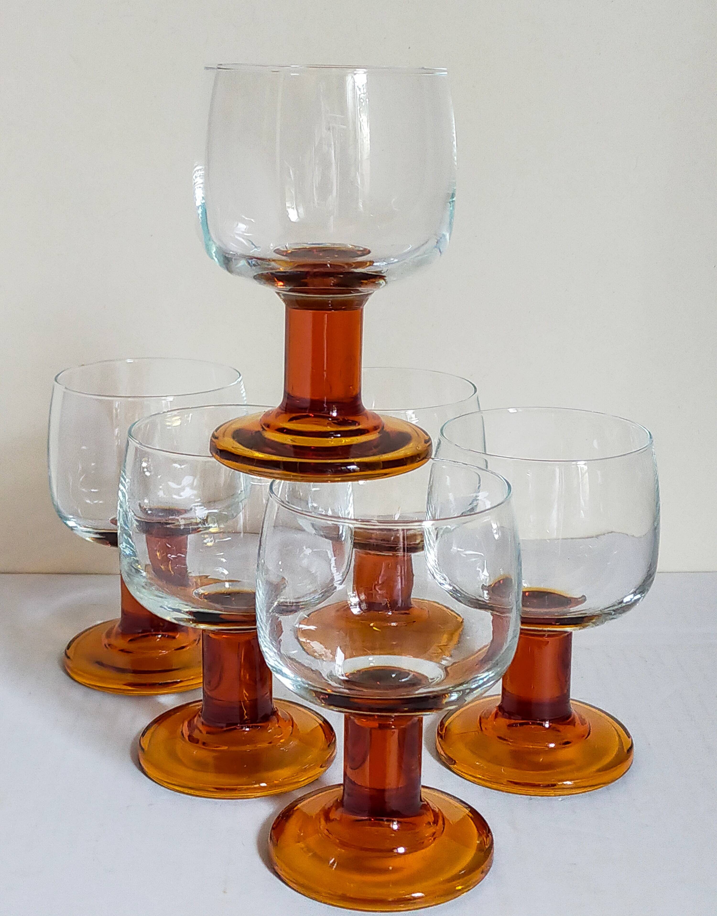 Six amber stemmed glasses from the 70s
