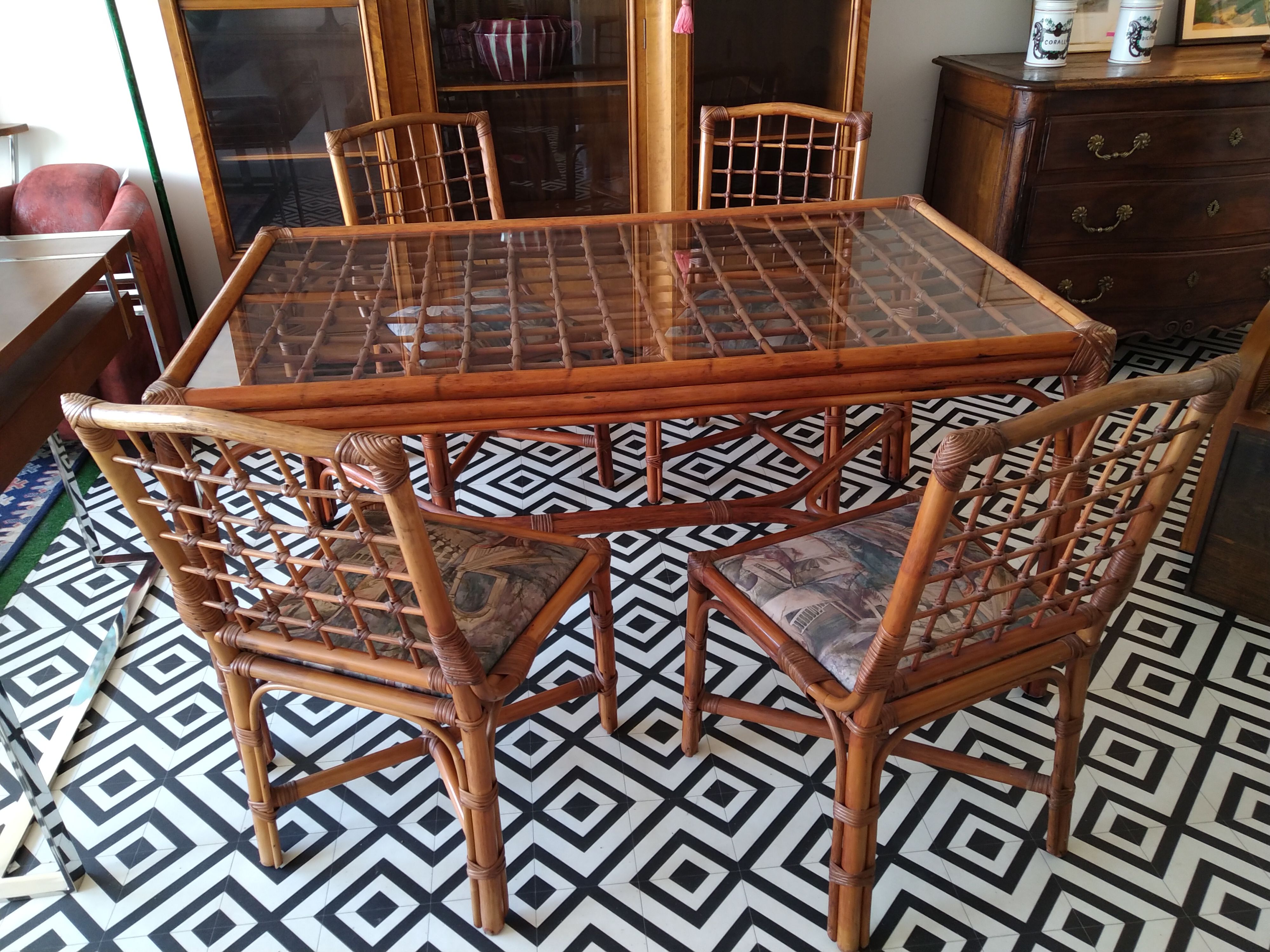 Rattan table and chairs 1960