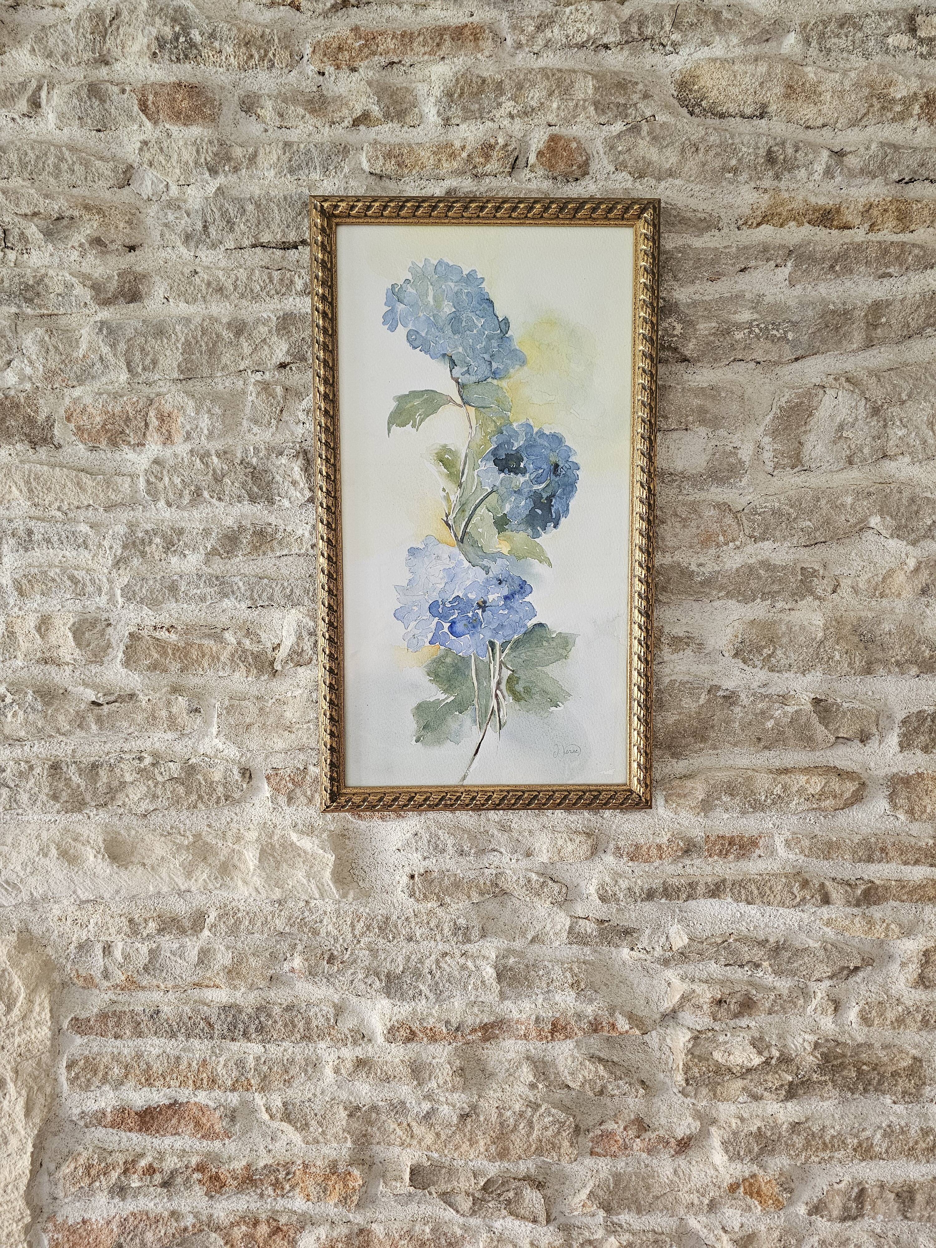 Tableau Aquarelle Fleurs Hortensia Signé J. Verne