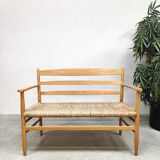 French vintage beech rush bench sofa 'Wabi Sabi style'