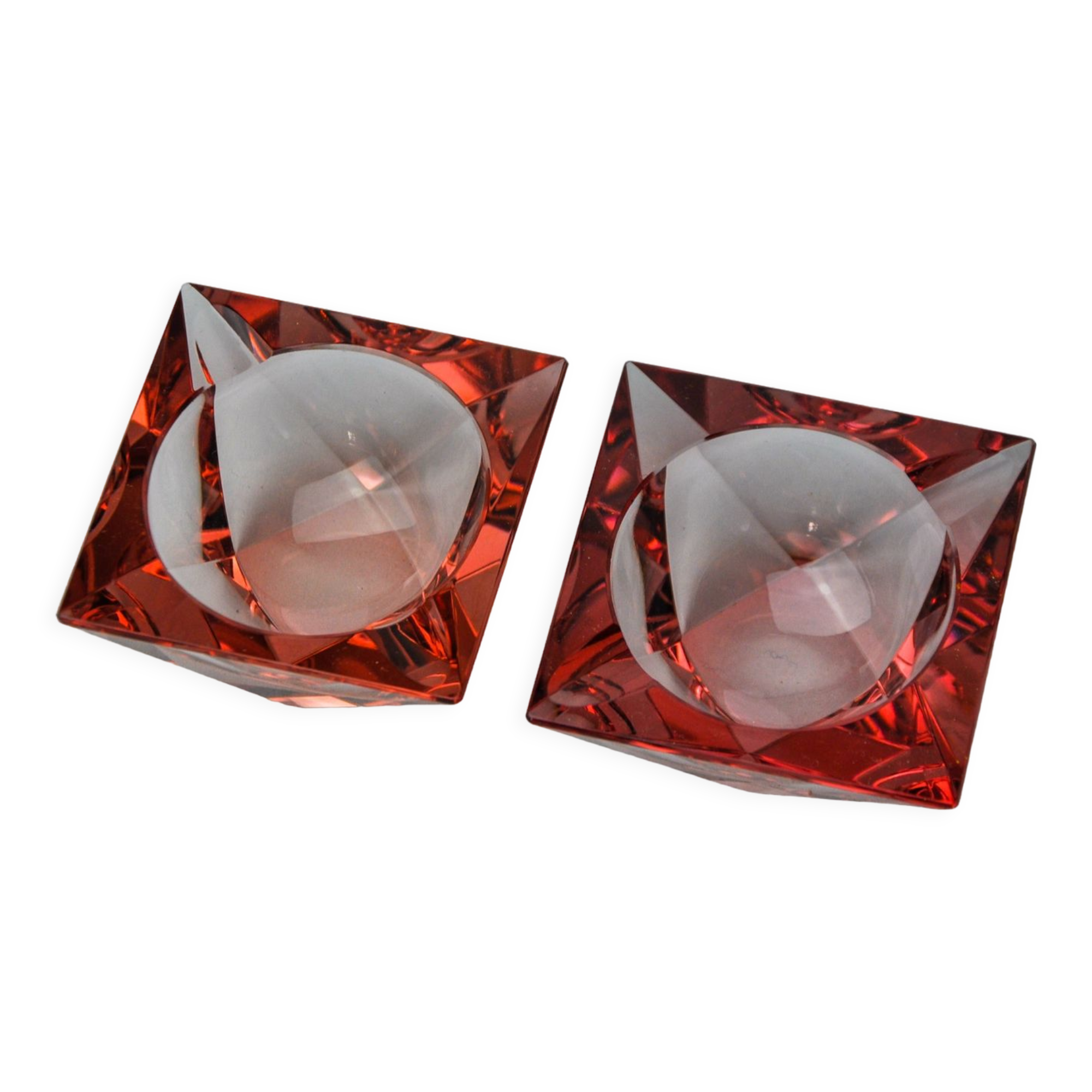 Duo of pink faceted ashtrays by Seguso, murano, italy, 1970