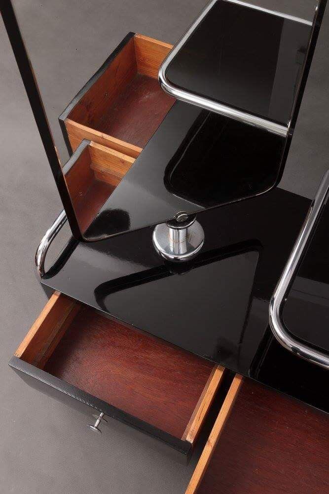 Bauhaus Beech Dressing Table and Mirror, Czech Modernism 1930s