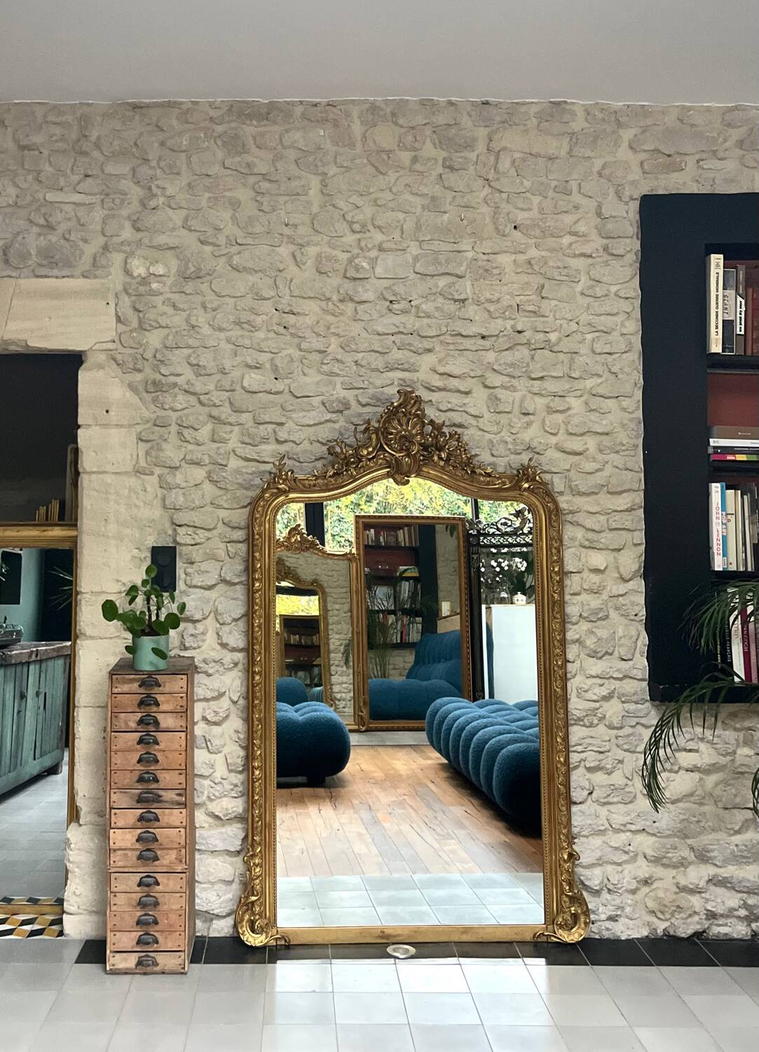 Antique mirror 183.5/116cm with pediments and pearl detailing in gold leaf.