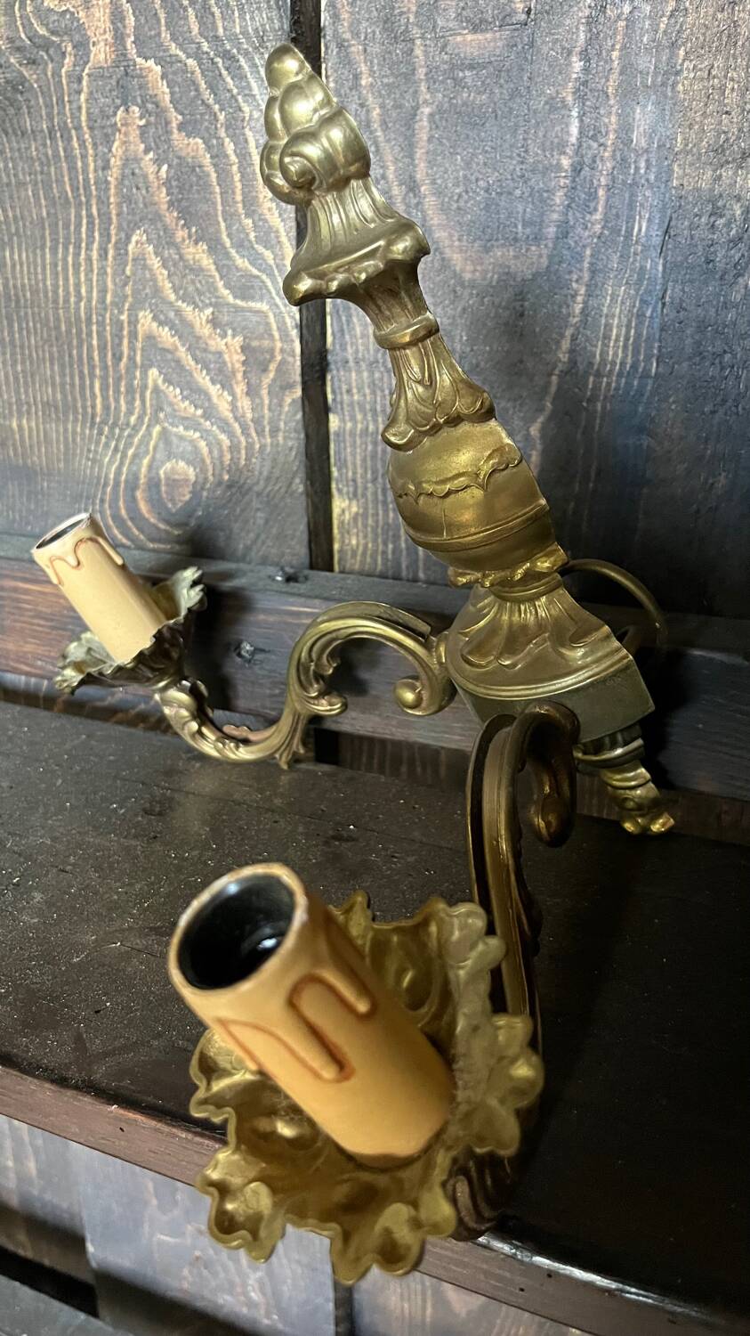 Pair of vintage golden bronze 2-light wall lights