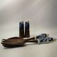 Vintage salad service in ceramic and natural wood. pepper shaker, salt shaker and 2 cutlery