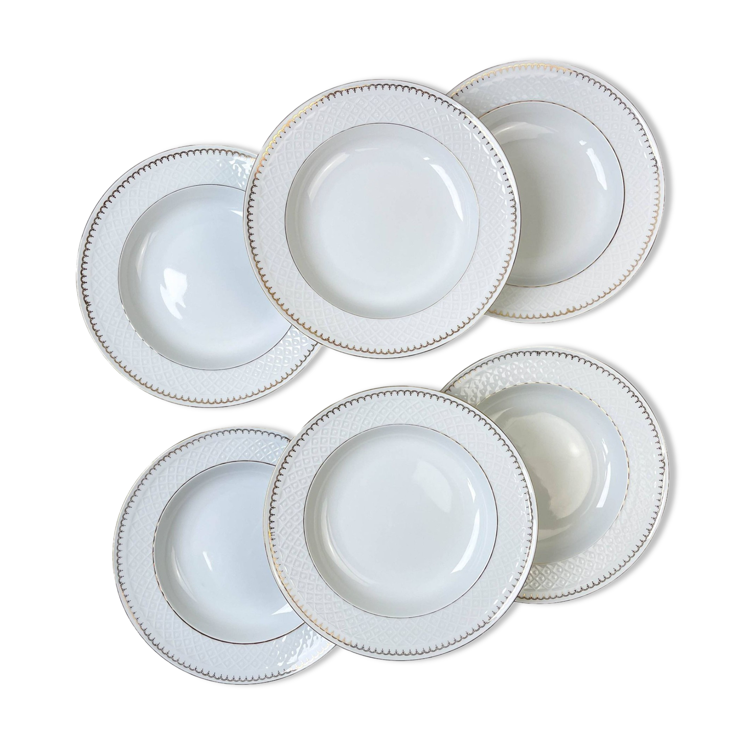 6 deep plates in white and gold porcelain, Bavaria model "Annabell"