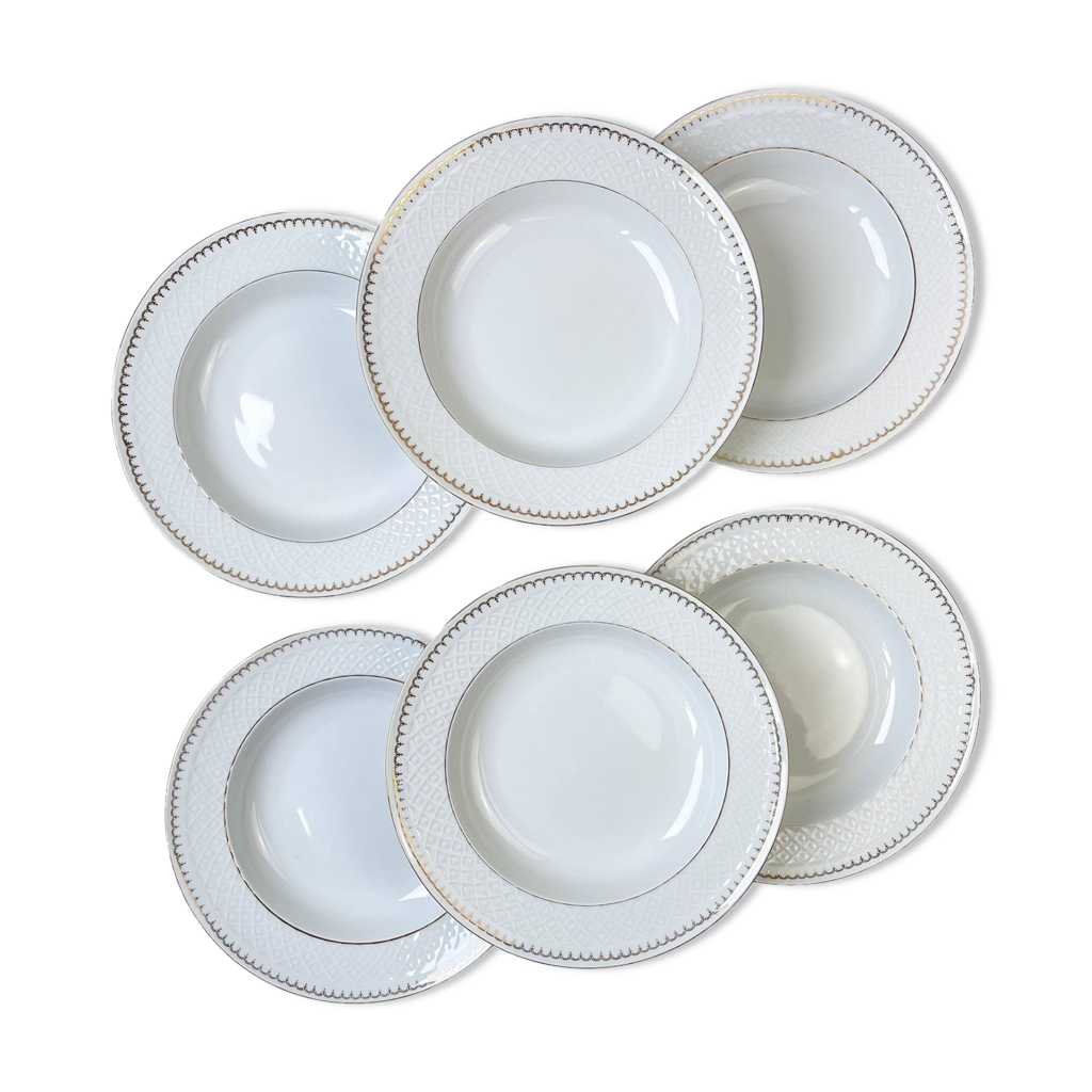 Set De 6 Assiettes Creuses Blanches à Liseré Doré - Porcelaine, 21,5 Cm, Élégant