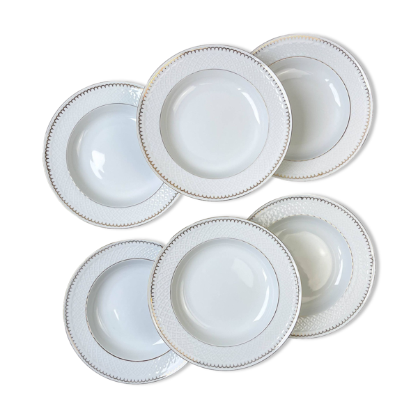 6 assiettes creuses porcelaine blanche dorée bavaria modèle ''annabell