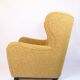 Armchair with ottoman - Over-upholstered - Patterned yellow fabric - Black legs - Danish design - 1940s style