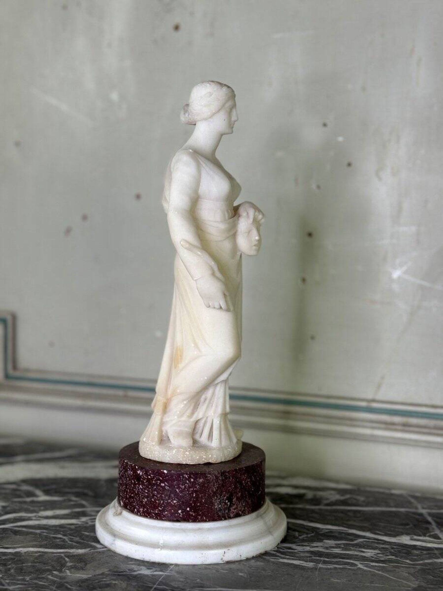 Alabaster sculpture, lady with a mask in the antique style, 19th century