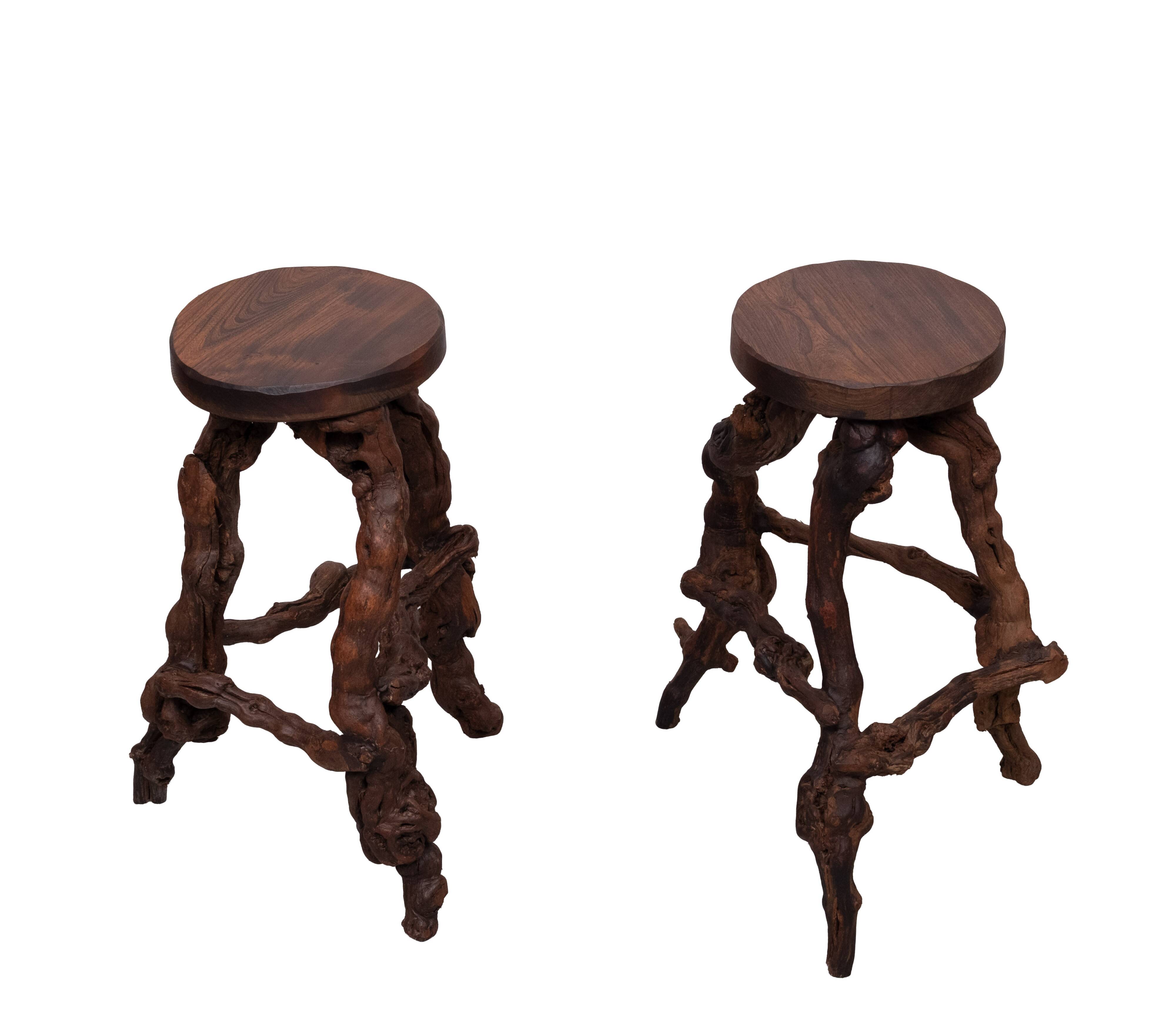 French, Set Of 2 Twisted Grape-vine Roots Bar Stools 1960s