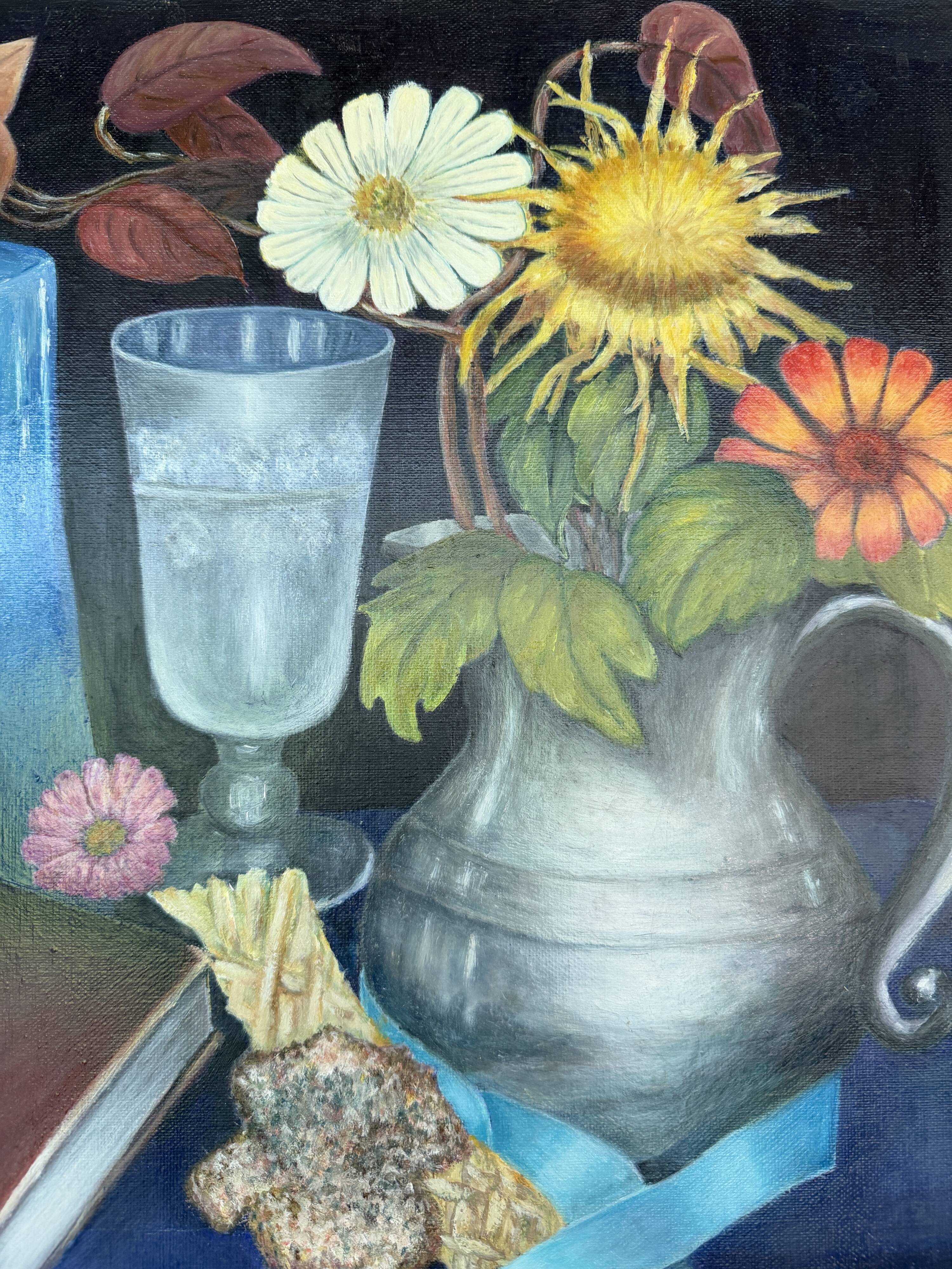 Vintage still life with flowers and objects – Canvas painting signed Maine
