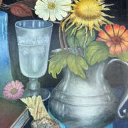 Vintage still life with flowers and objects – Canvas painting signed Maine