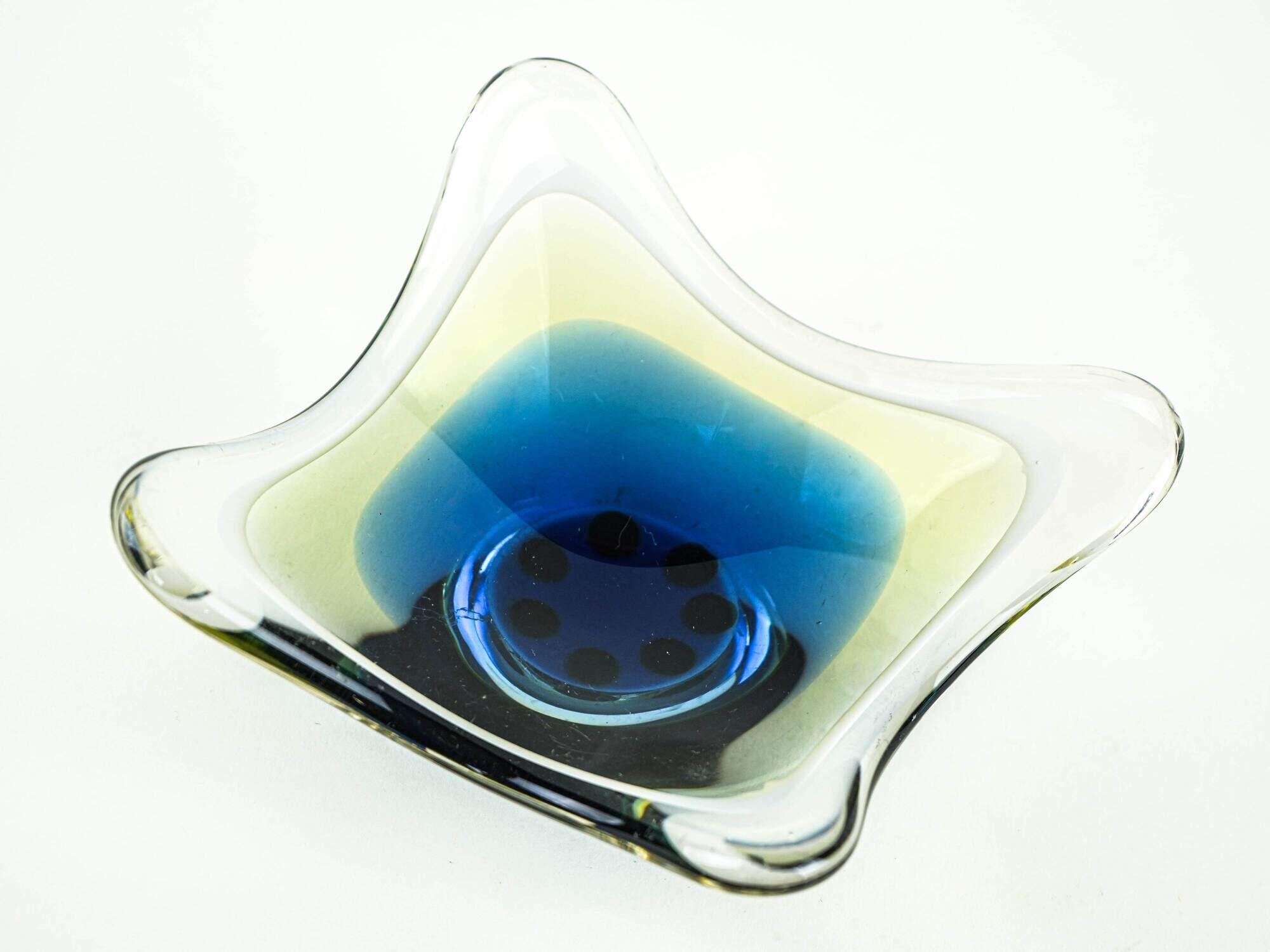 Art glass platter with organic form in blue and yellow, Europe, 1970s