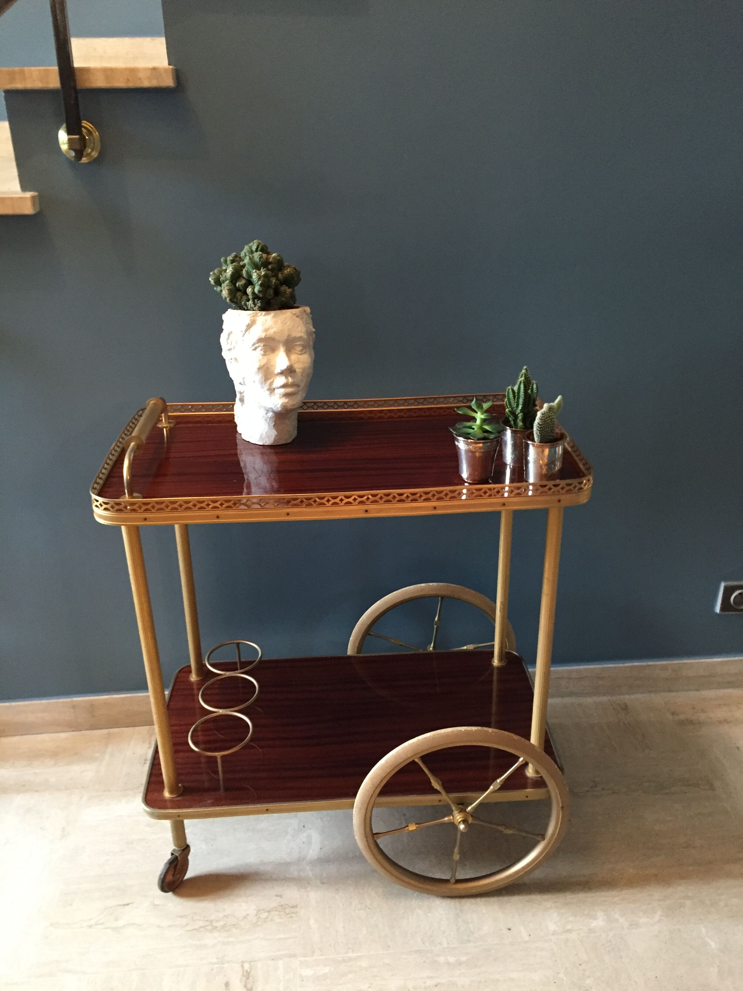 Serving wheels gold metal and wood vintage 1960