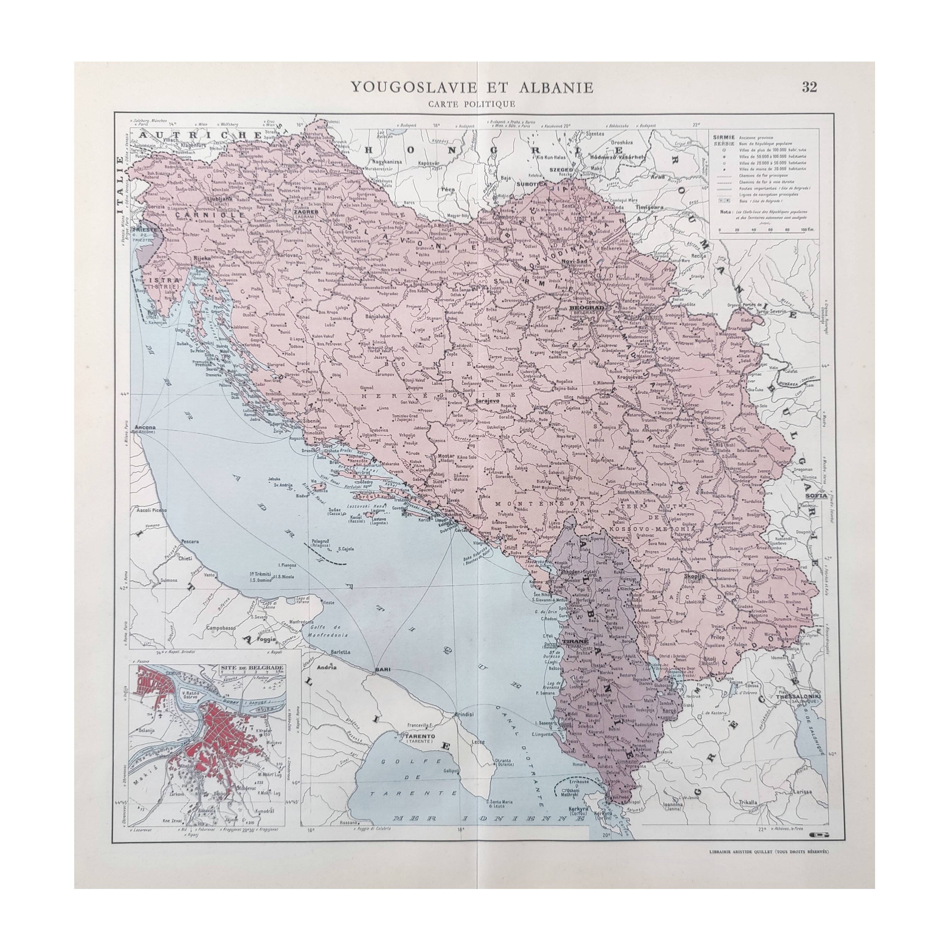 Old map of Yugoslavia and Albania 43x43cm from 1950