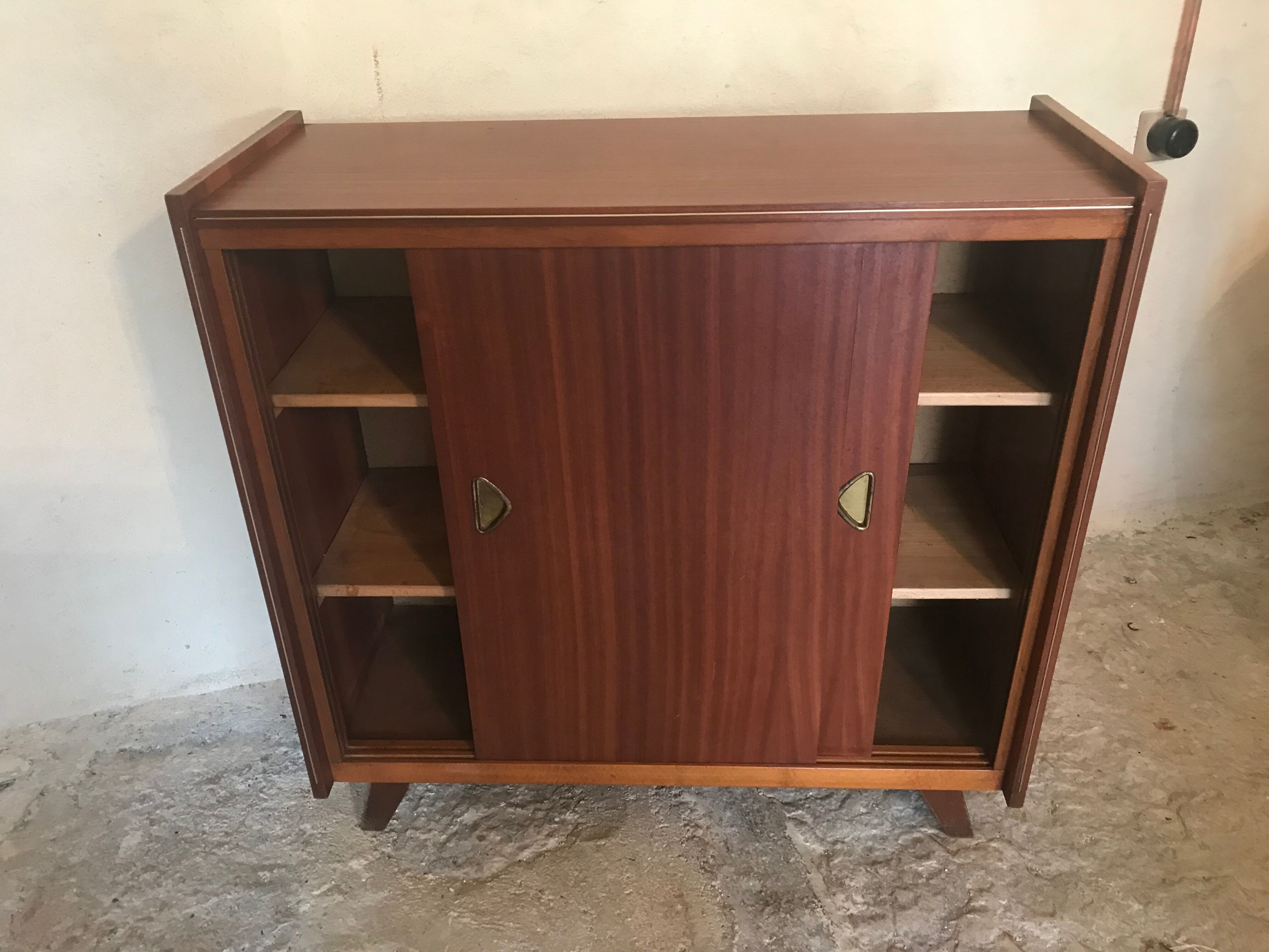 Vintage storage cabinet teak veneer sliding door compass feet