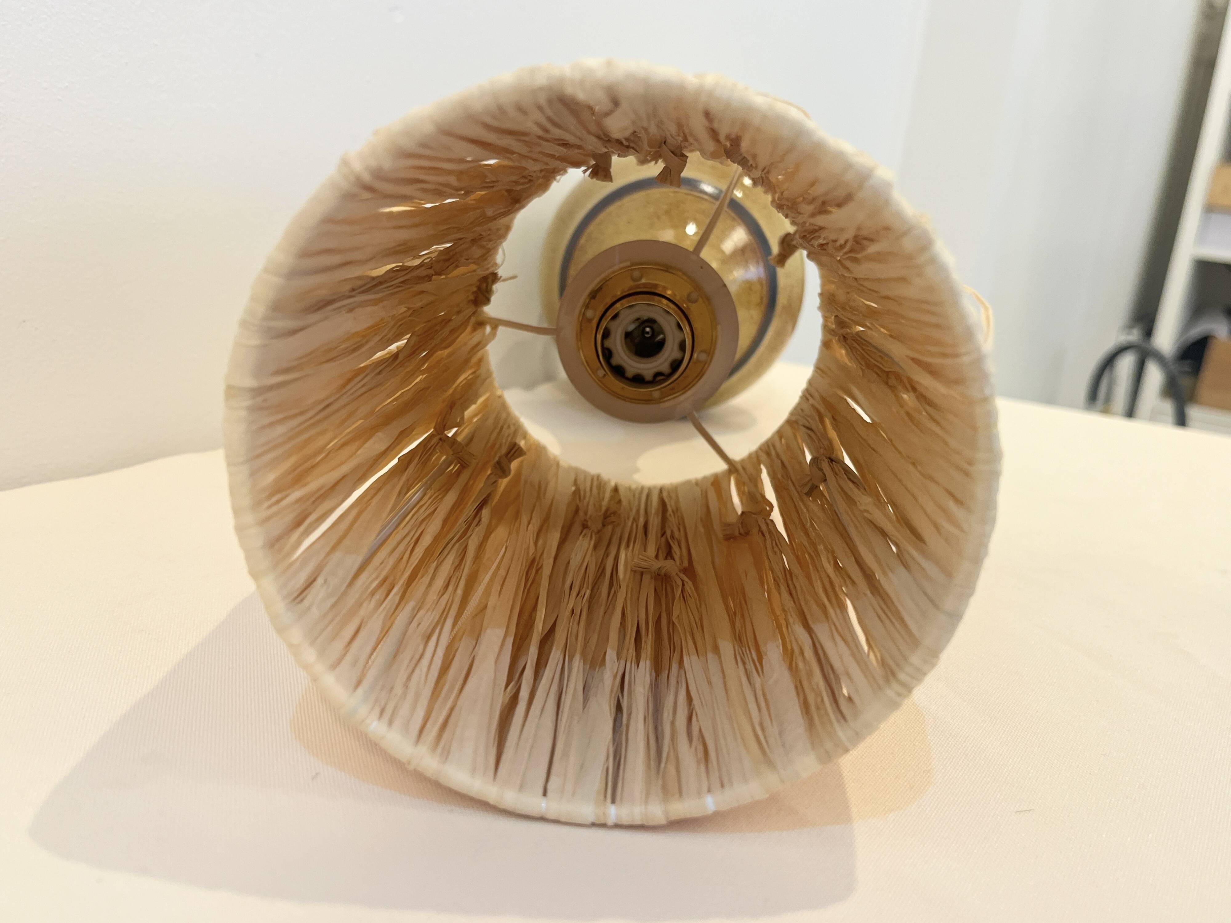 Vintage stoneware lamp signed beige brown raffia rope lampshade 1970