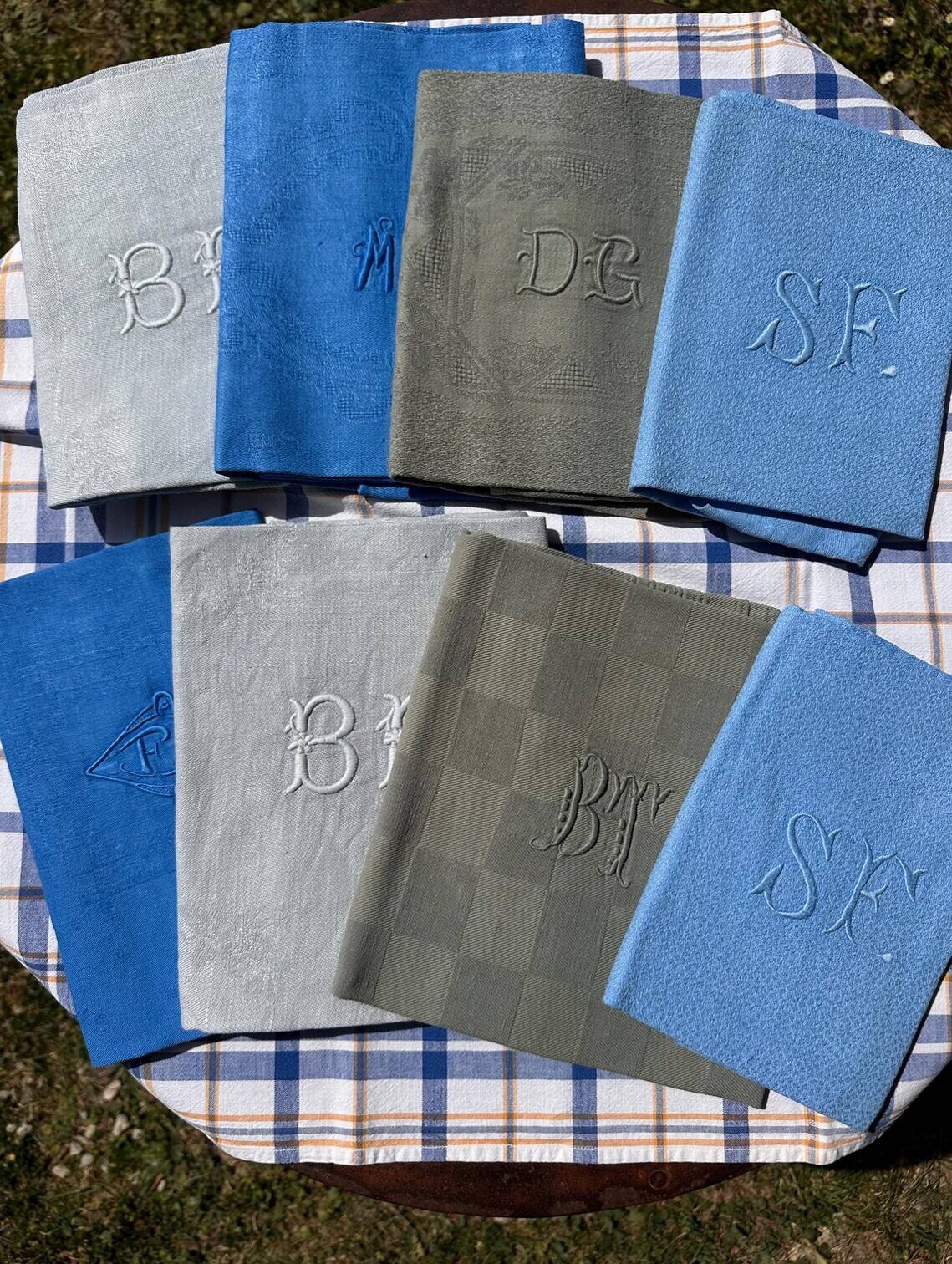 Old Mismatched Dyed Napkins - set of 8 - Embroidered Monograms