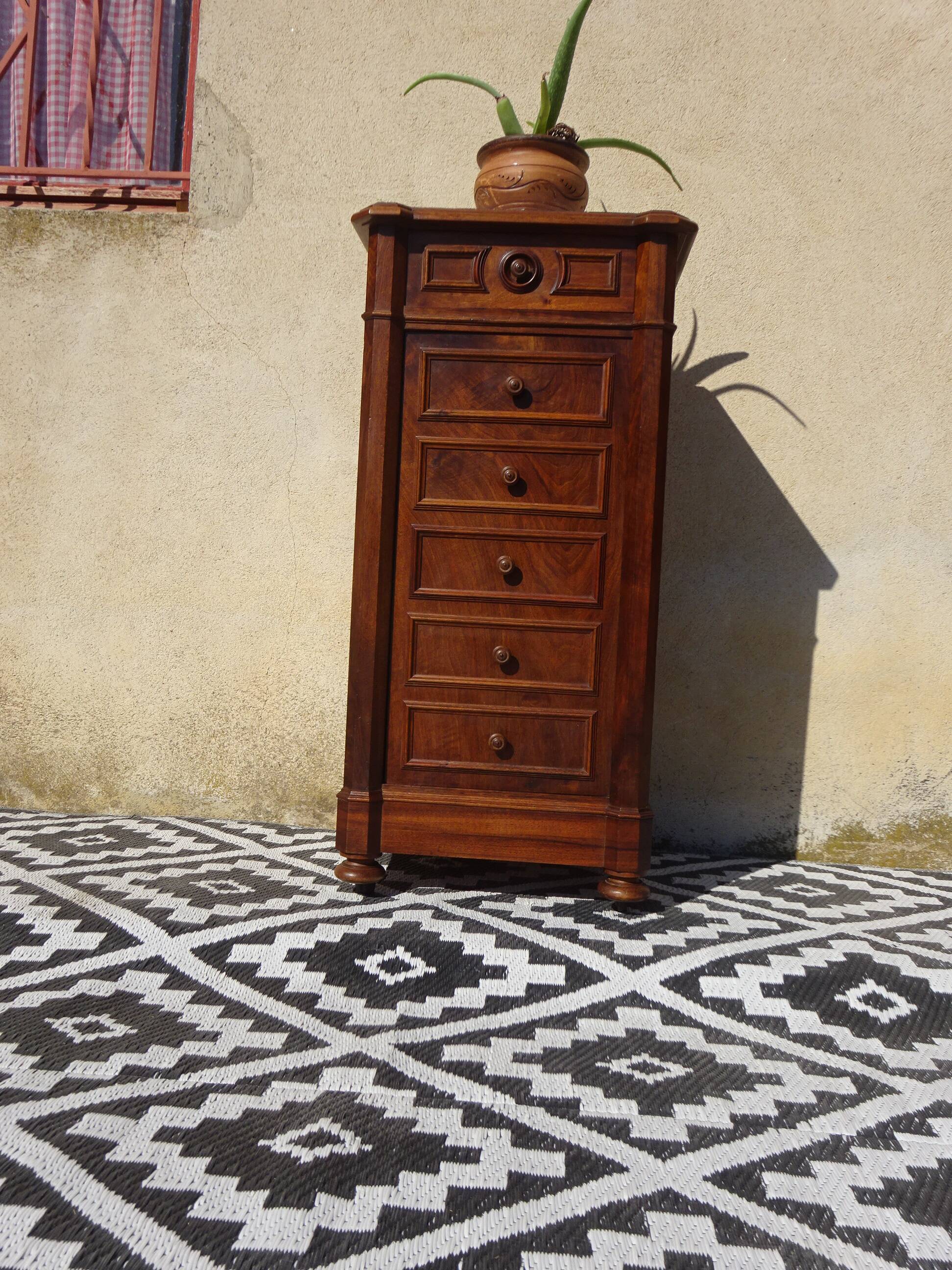 Nightstand with false drawers in walnut and marble, Louis Philippe