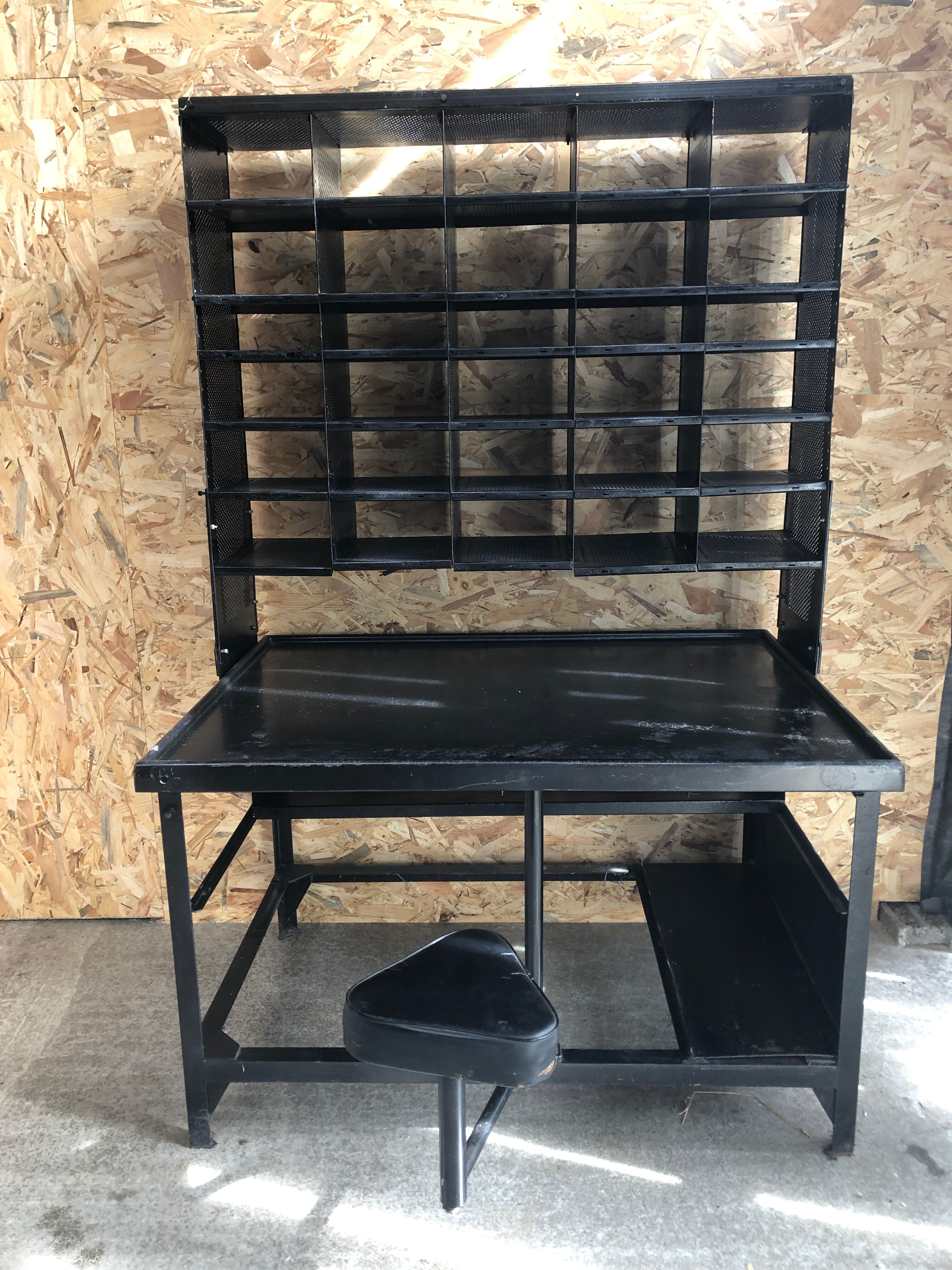 Old black metal postal sorting furniture + 30 perforated lockers + vintage stool