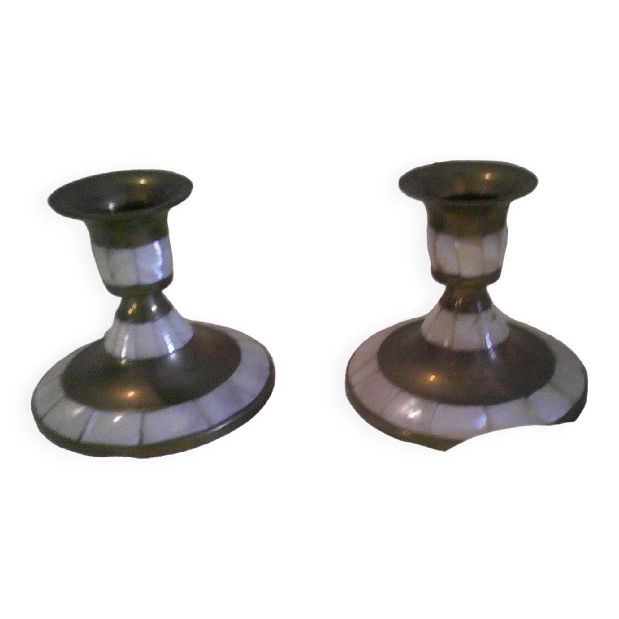 Pair of brass and mother-of-pearl candlesticks