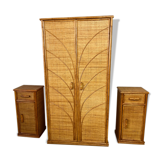 Wardrobe and 2 rattan bedside tables