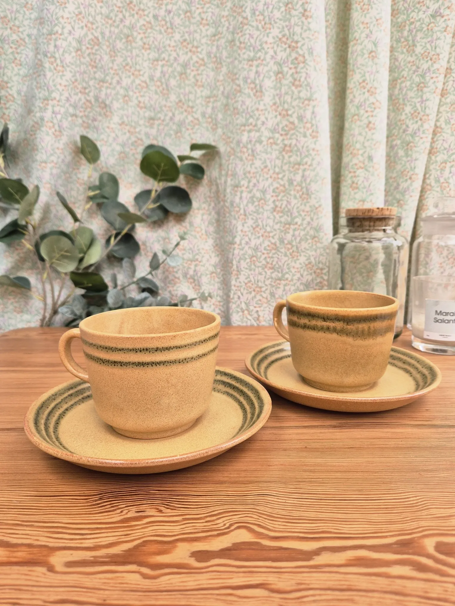 Two vintage Sarreguemines stoneware breakfast cups.