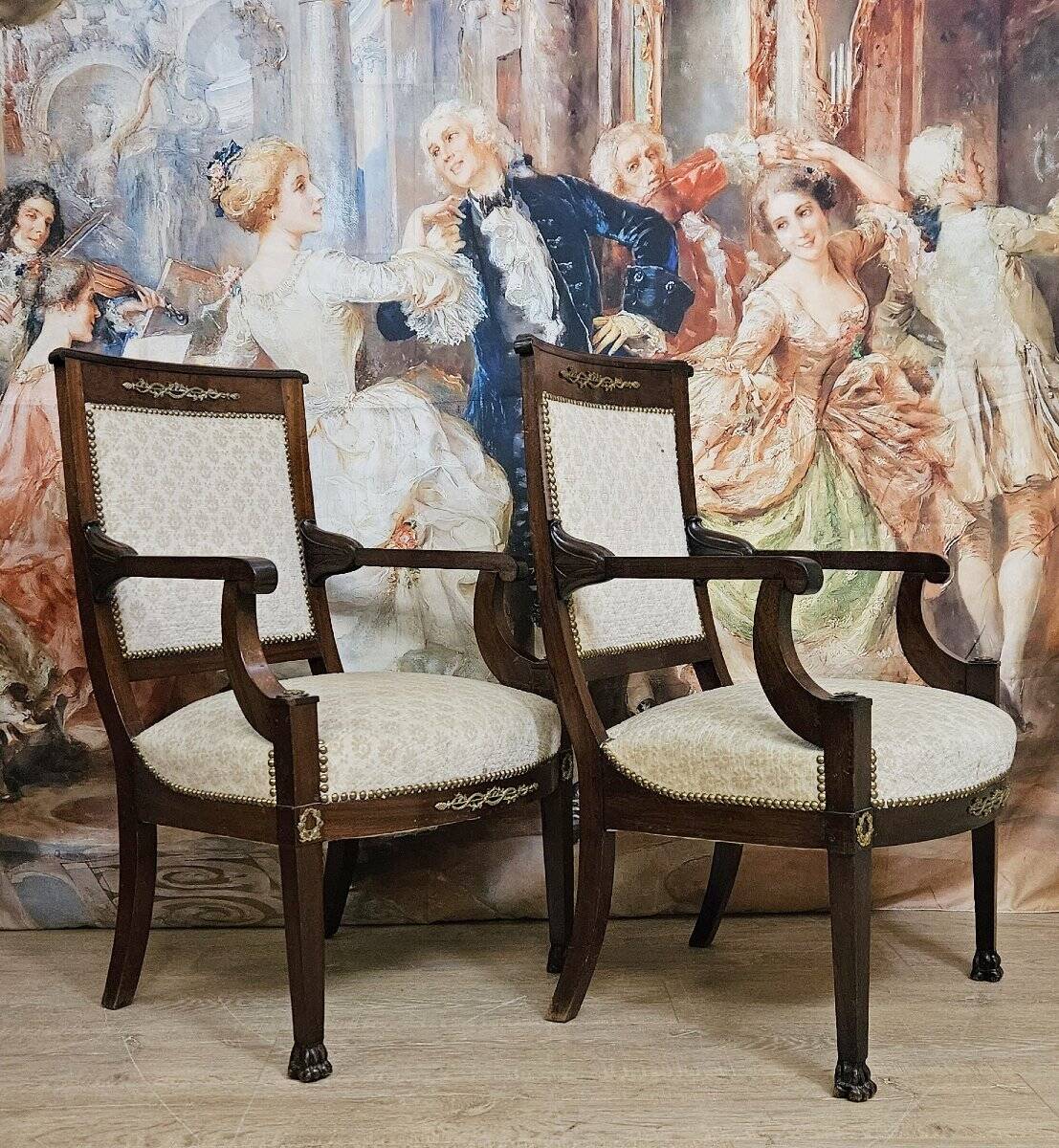 Pair of Empire period armchairs in mahogany, dating from the early 19th century.