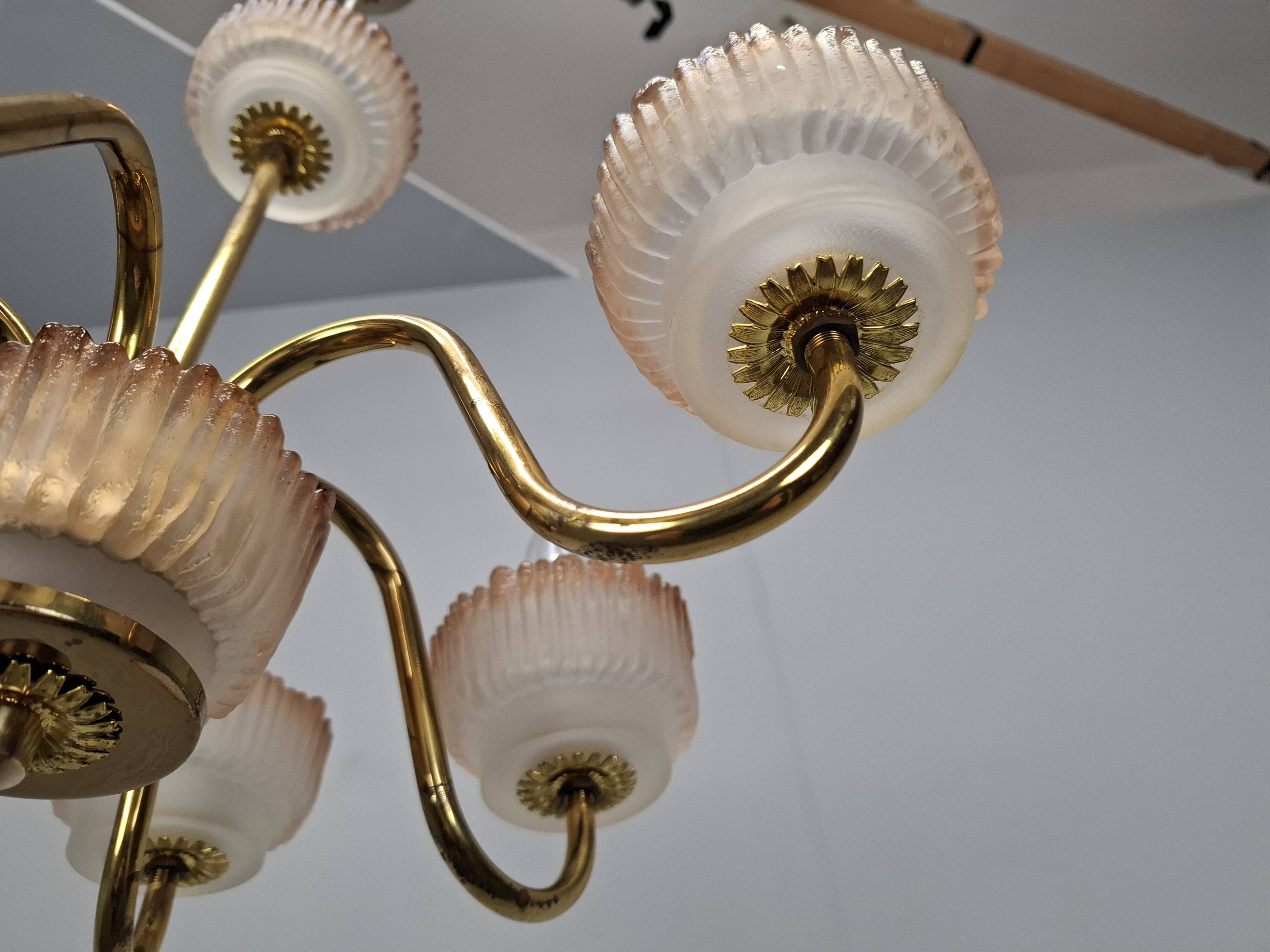 1960s Czech Mid-Century Brass and Železný Brod Frosted Glass Six-Arm Chandelier